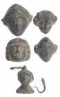 ROMA. Imperio Romano. I-III d.C. Bronce. Lote de 5 objetos: dos apliques con representación de Atis, dos apliques con representación facial y un colga...