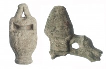 ROMA. Imperio Romano. I-III d.C. Plomo y bronce. Lote de 2 objetos: una contrapesa en forma de ánfora y un aplique mobiliario, con orificio de sección...