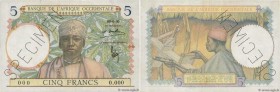 Country : FRENCH WEST AFRICA (1895-1958) 
Face Value : 5 Francs Spécimen 
Date : (1934) 
Period/Province/Bank : Banque de l'Afrique Occidentale 
Catal...