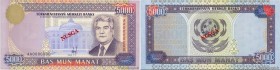 Country : TURKMENISTAN 
Face Value : 5000 Manat Spécimen 
Date : 1996 
Period/Province/Bank : Central Bank of Turkmenistan 
Catalogue reference : P.9s...
