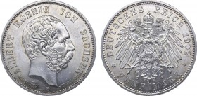 Германская империя. Королевство Саксония. Король Альберт. 5 марок 1902 года.

 Серебро. 27,75г. Чеканена на смерть Альберта, короля Саксонии. Мюльде...