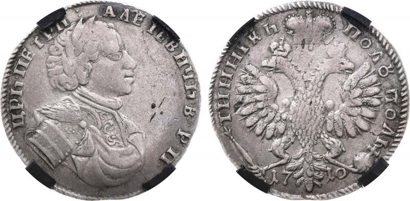 Полуполтинник 1710 года. In holder RNGA AU 50.

 Серебро. Кадашевский монетный...