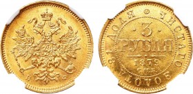3 рубля 1879 года. СПБ-НФ. In holder NGC MS 62.

 Золото. Согласно отчётам монетного двора, тираж монеты составил 5 экземпляров. Уздеников 0277(∸). ...