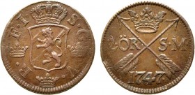 2 эре 1747 года. Королевство Швеция. Король Фредрик I. 2 эре 1747 года.

 Медь. 28,65г. Авеста. Общий тираж монет достоинством в 1 и 2 эре составил ...