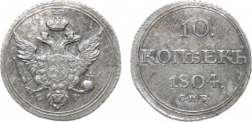 10 копеек 1804 года. СПБ-ФГ.

 Серебро. 2,06г. Уздеников 1357(•). Биткин 64(R). 1 рубль по Петрову. AU 55. Искрящийся штемпельный блеск. Приятная се...