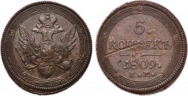 5 копеек 1809 года. ЕМ.

 Медь. 58,72г. Аверс: орел образца 1803 года. Уздеников 3083(–). Биткин 298(R4). Отсутствует у Ильина, Brekke.. Brekke 197,...