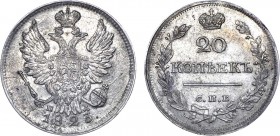 20 копеек 1823 года. СПБ-ПД.

 Серебро. 4,21г. Аверс: орёл другого рисунка. Реверс: корона широкая. Уздеников 1480. Биткин 208. MS 62. Отборный экзе...