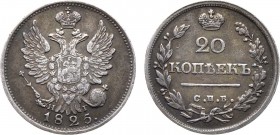 20 копеек 1825 года. СПБ-НГ.

 Серебро. 3,95г. Уздеников 1495(•). Биткин 214(R1). 10 рублей по Петрову. 6 рублей по Ильину. AU 50. Старинная коллекц...