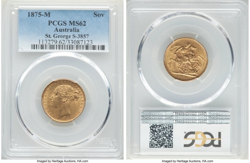Victoria gold "St. George" Sovereign 1875-M MS62 PCGS, Melbourne mint, KM7, S-38...