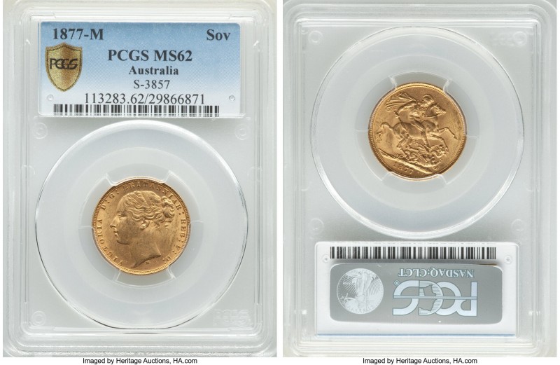 Victoria gold "St. George" Sovereign 1877-M MS62 PCGS, Melbourne mint, KM7, S-38...