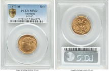Victoria gold "St. George" Sovereign 1877-M MS62 PCGS, Melbourne mint, KM7, S-3857. Harvest-gold, a few gentle grazes and scattered handling setting t...