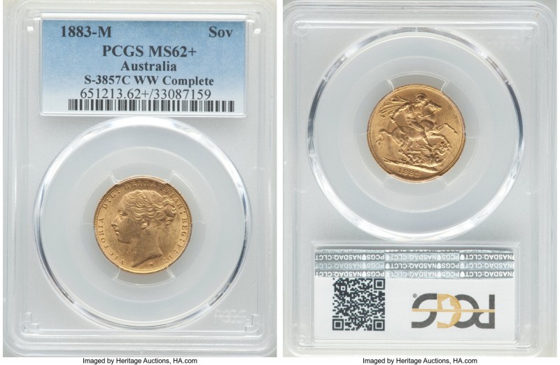 Victoria gold "St. George" Sovereign 1883-M MS62+ PCGS, Melbourne mint, KM7, S-3...