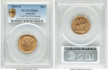 Victoria gold "St. George" Sovereign 1884-M MS62 PCGS, Melbourne mint, KM7, S-3857B. W.W. Buried variety. A brass-gold offering retaining strong aesth...