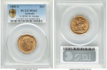 Victoria gold "St. George" Sovereign 1885-S MS62 PCGS, Sydney mint, KM7, S-3858E. Light handling friction is dispersed across the obverse, the reverse...