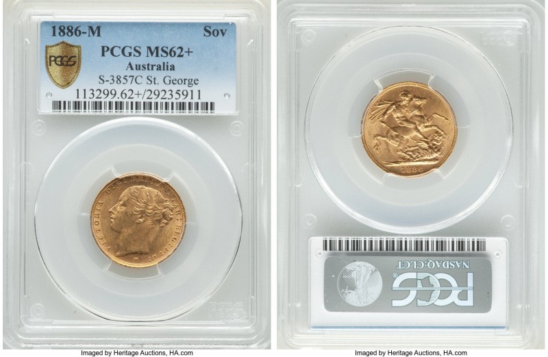 Victoria gold "St. George" Sovereign 1886-M MS62+ PCGS, Melbourne mint, KM7, S-3...
