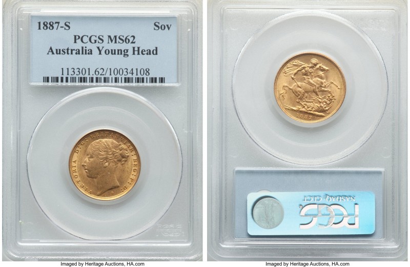 Victoria gold "Young Head/St. George" Sovereign 1887-S MS62 PCGS, Sydney mint, K...