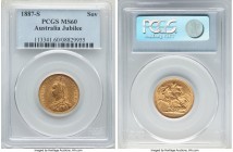 Victoria gold "Jubilee Head" Sovereign 1887-S MS60 PCGS, Sydney mint, KM10. The first year for this Jubilee Head type, particularly sought-after in un...