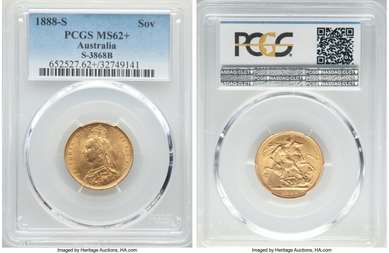 Victoria gold Sovereign 1888-S MS62+ PCGS, Sydney mint, KM10, S-3868B. Nearly ch...