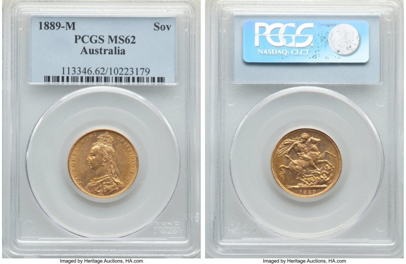 Victoria gold Sovereign 1889-M MS62 PCGS, Melbourne mint, KM10. Fully uncirculat...