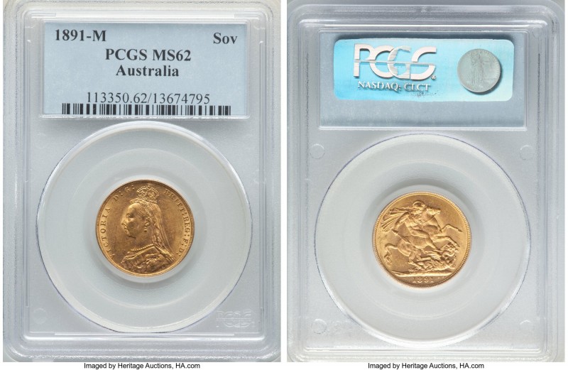 Victoria gold Sovereign 1891-M MS62 PCGS, Melbourne mint, KM10. Mint State and a...