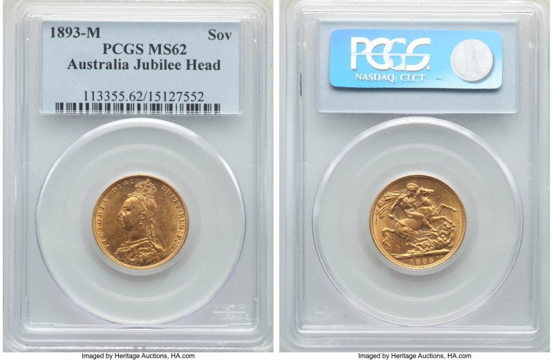 Victoria gold Sovereign 1893-M MS62 PCGS, Melbourne mint, KM10. Jubilee Head typ...