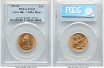 Victoria gold Sovereign 1893-M MS62 PCGS, Melbourne mint, KM10. Jubilee Head type. Lustrous, with consistent light friction in the fields though other...