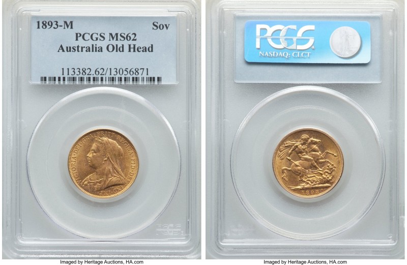 Victoria gold Sovereign 1893-M MS62 PCGS, Melbourne mint, KM13. Old/Veiled Head ...