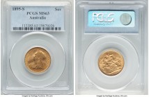Victoria gold Sovereign 1895-S MS63 PCGS, Sydney mint, KM13. Well-preserved, with blazing golden luminosity traversing the fields with ease. 

HID0980...
