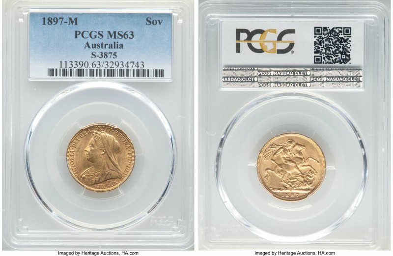 Victoria gold Sovereign 1897-M MS63 PCGS, Melbourne mint, KM13, S-3875. An entic...