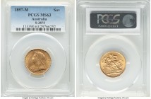 Victoria gold Sovereign 1897-M MS63 PCGS, Melbourne mint, KM13, S-3875. Butter-gold, a soft expression of luster residing throughout the fields. 

HID...