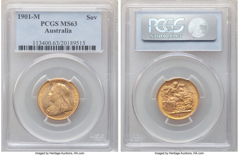 Victoria gold Sovereign 1901-M MS63 PCGS, Melbourne mint, KM13. Displaying a thi...