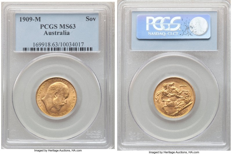 Edward VII gold Sovereign 1909-M MS63 PCGS, Melbourne mint, KM15. Tied for the s...