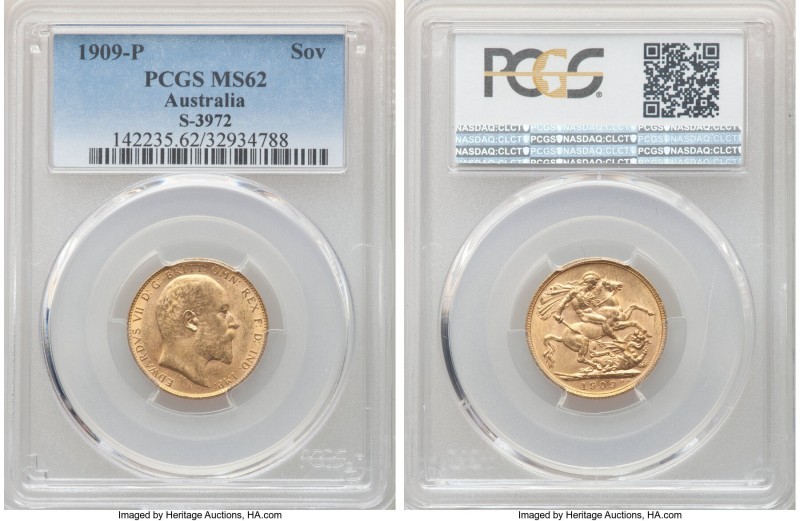 Edward VII gold Sovereign 1909-P MS62 PCGS, Perth mint, KM15. Revealing light ha...
