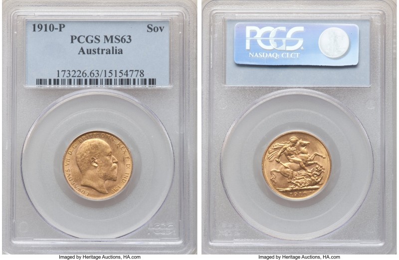 Edward VII gold Sovereign 1910-P MS63 PCGS, Perth mint, KM15. Bright and reveali...