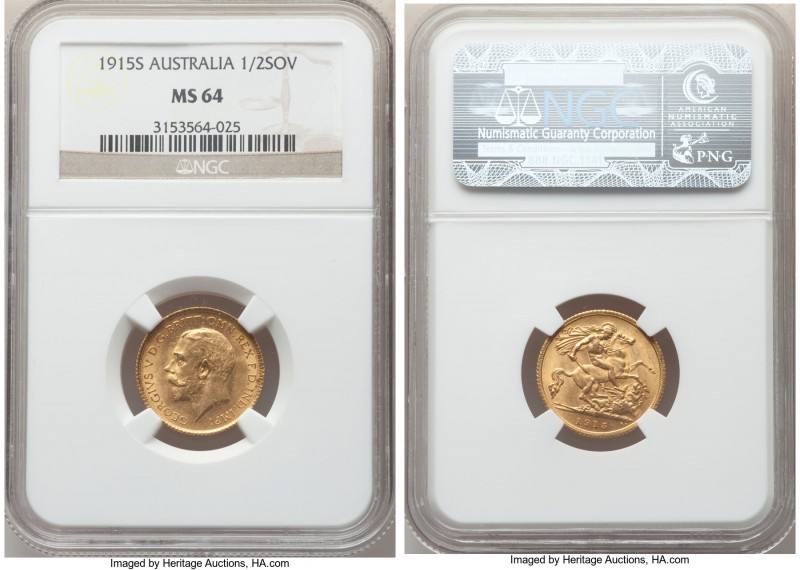 George V gold 1/2 Sovereign 1915-S MS64 NGC, Sydney mint, KM28. Engaging and abo...