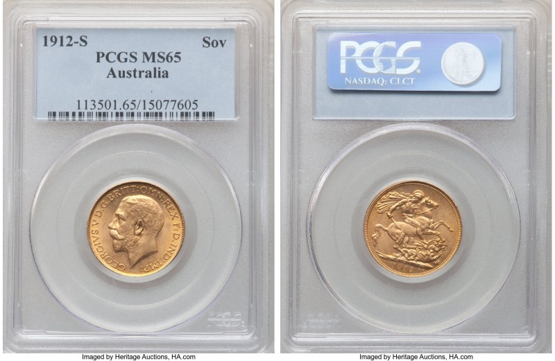 George V gold Sovereign 1912-S MS65 PCGS, Sydney mint, KM29, S-4003. Lightly ton...