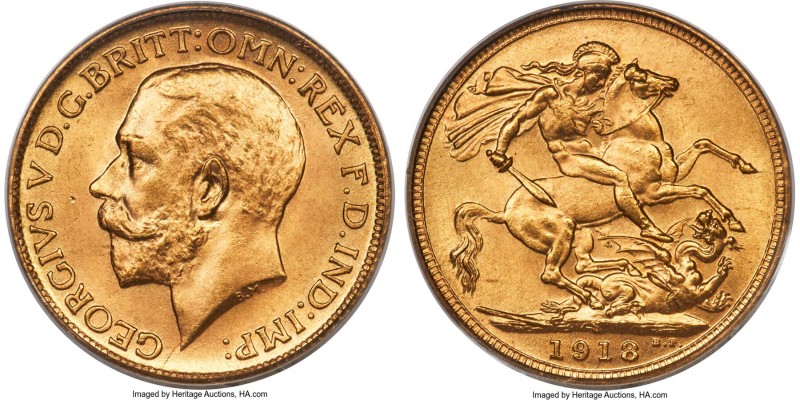 George V gold Sovereign 1918-S MS66 PCGS, Sydney mint, KM29. Struck to a stunnin...