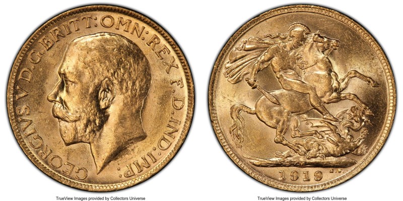 George V gold Sovereign 1919-M MS63 PCGS, Melbourne mint, KM29, S-3999. Draped i...