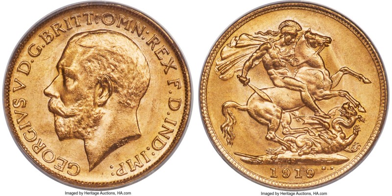 George V gold Sovereign 1919-P MS65 PCGS, Perth mint, KM29. Exhibiting fully str...