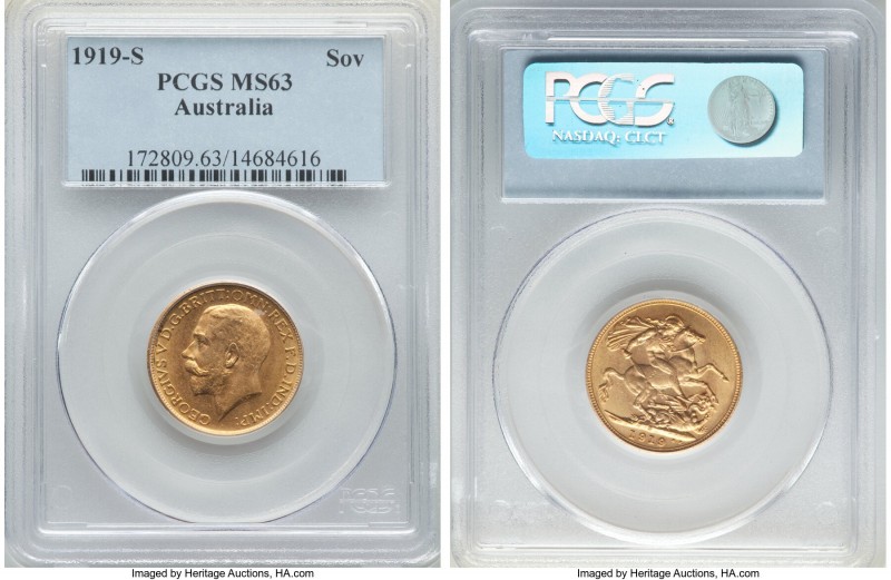 George V gold Sovereign 1919-S MS63 PCGS, Sydney mint, KM29. A brass-gold repres...