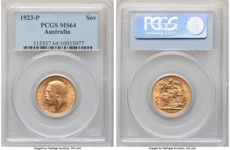 George V gold Sovereign 1923-P MS64 PCGS, Perth mint, KM29. Exhibiting well-defi...