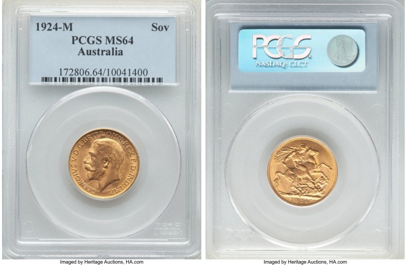 George V gold Sovereign 1924-M MS64 PCGS, Melbourne mint, KM29. A well-kept offe...