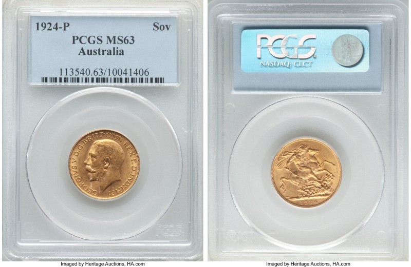 George V gold Sovereign 1924-P MS63 PCGS, Perth mint, KM29, S-4001. Well-kept an...