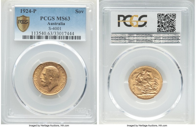 George V gold Sovereign 1924-P MS63 PCGS, Perth mint, KM29, S-4001. Predominantl...
