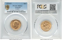 George V gold Sovereign 1924-P MS63 PCGS, Perth mint, KM29, S-4001. Predominantly satiny and displaying whirling golden luster. 

HID09801242017

© 20...