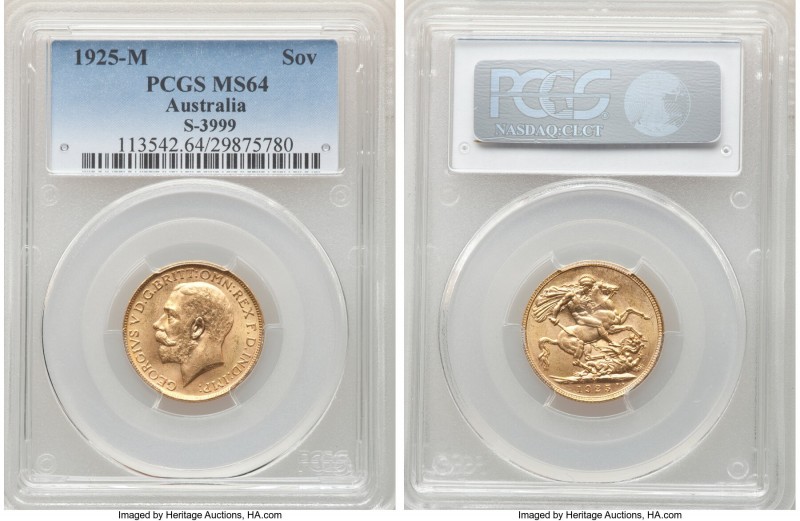 George V gold Sovereign 1925-M MS64 PCGS, Melbourne mint, KM29, S-3999. Gratifyi...