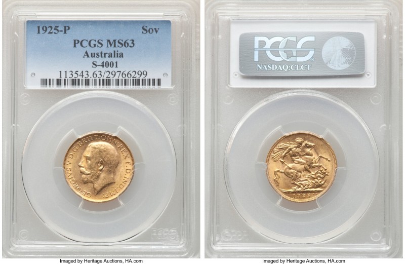 George V gold Sovereign 1925-P MS63 PCGS, Perth mint, KM29, S-4001. An appealing...