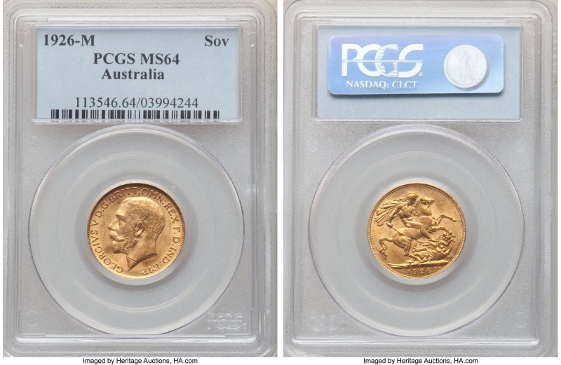 George V gold Sovereign 1926-M MS64 PCGS, Melbourne mint, KM29, S-3999. Bathed i...
