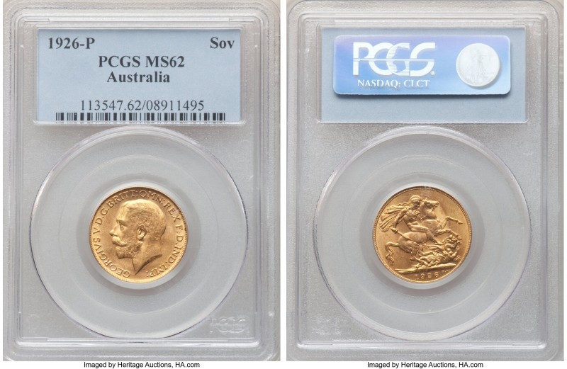 George V gold Sovereign 1926-P MS62 PCGS, Perth mint, KM29. Exuding deep golden ...