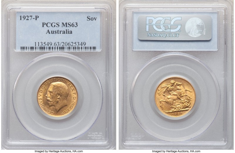 George V gold Sovereign 1927-P MS63 PCGS, Perth mint, KM29. A shimmering Soverei...